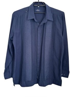 D’Mech Guayabera Mens Linen Button Up Long Sleeve Shirt Sz 44 Blue Traditional